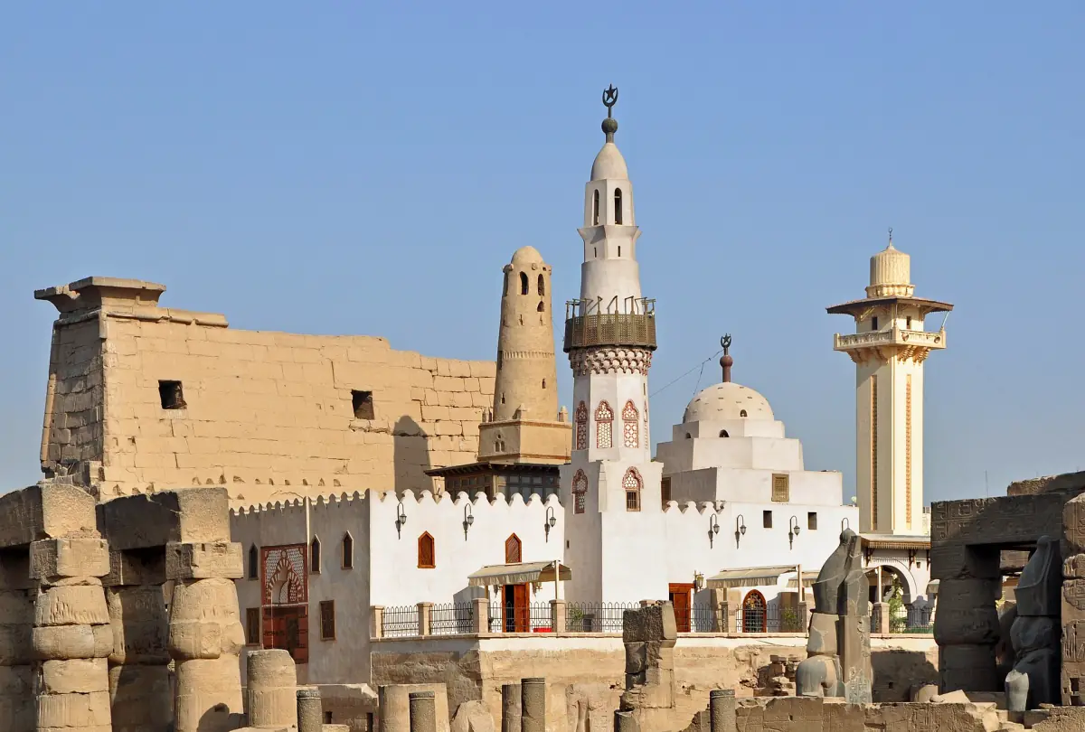 Domes and minarets of the mosque built into the ruins of Luxor Temple
